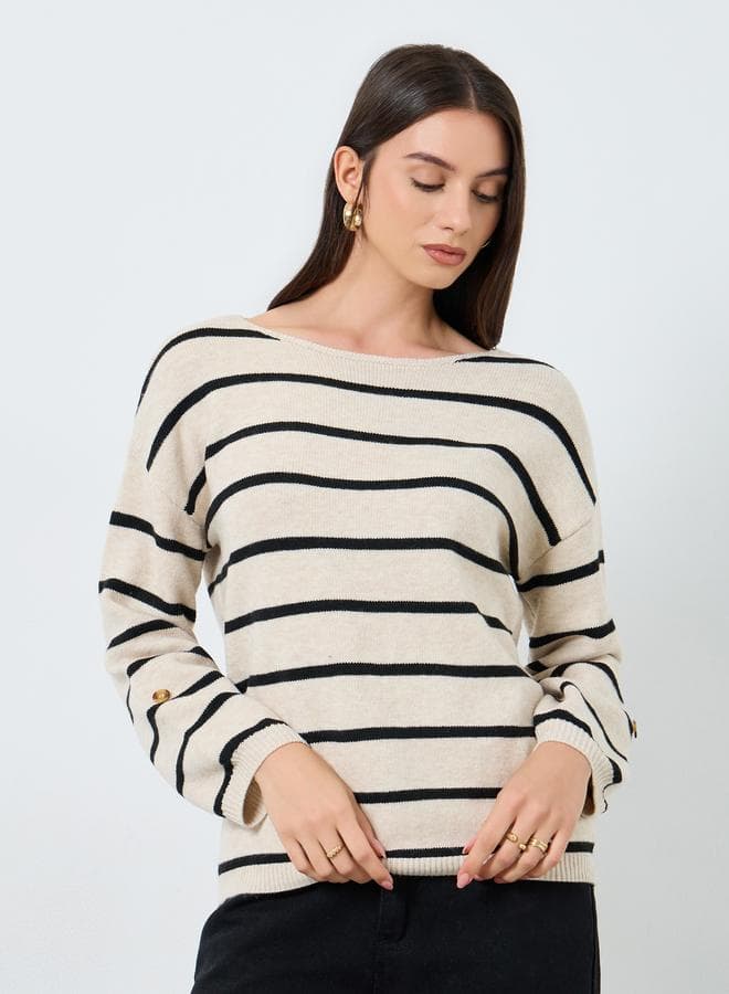 Take Two Beige Striped Boat Neck Sweater