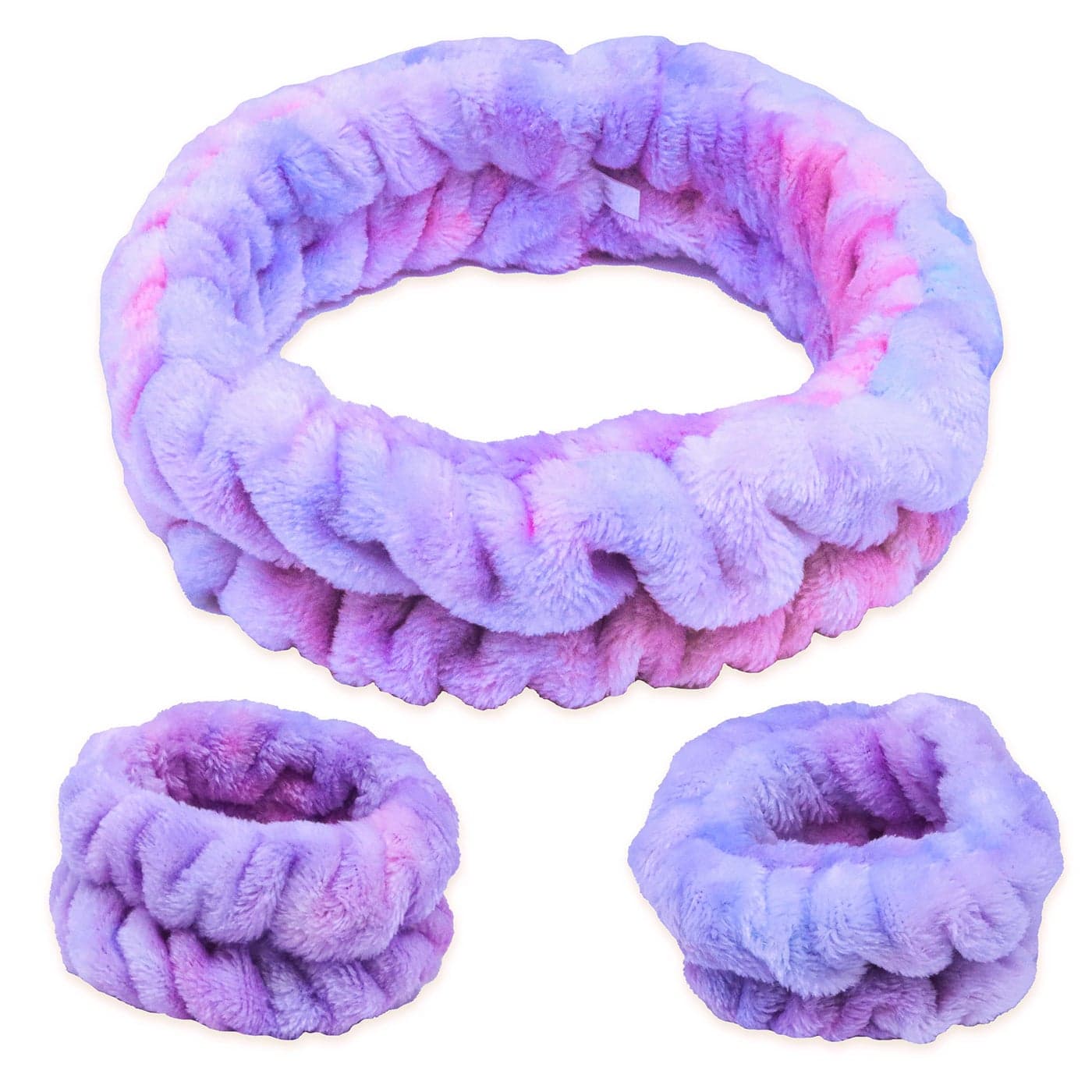 FROG SAC Puffy Spa Headband and Wristbands for Face Washing Fuzzy Skincare Headbands for Women Soft Makeup Skin Care Hair Accessories for Girls Make Up Hair Band Tie Dye