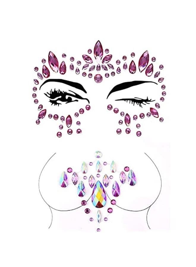 Mermaid Pink Face Gems Rhinestone Face Jewels Tattoo Rave Body Stickers Festival Chest Gems for Women and Girls 2PCS (Face Gem2)