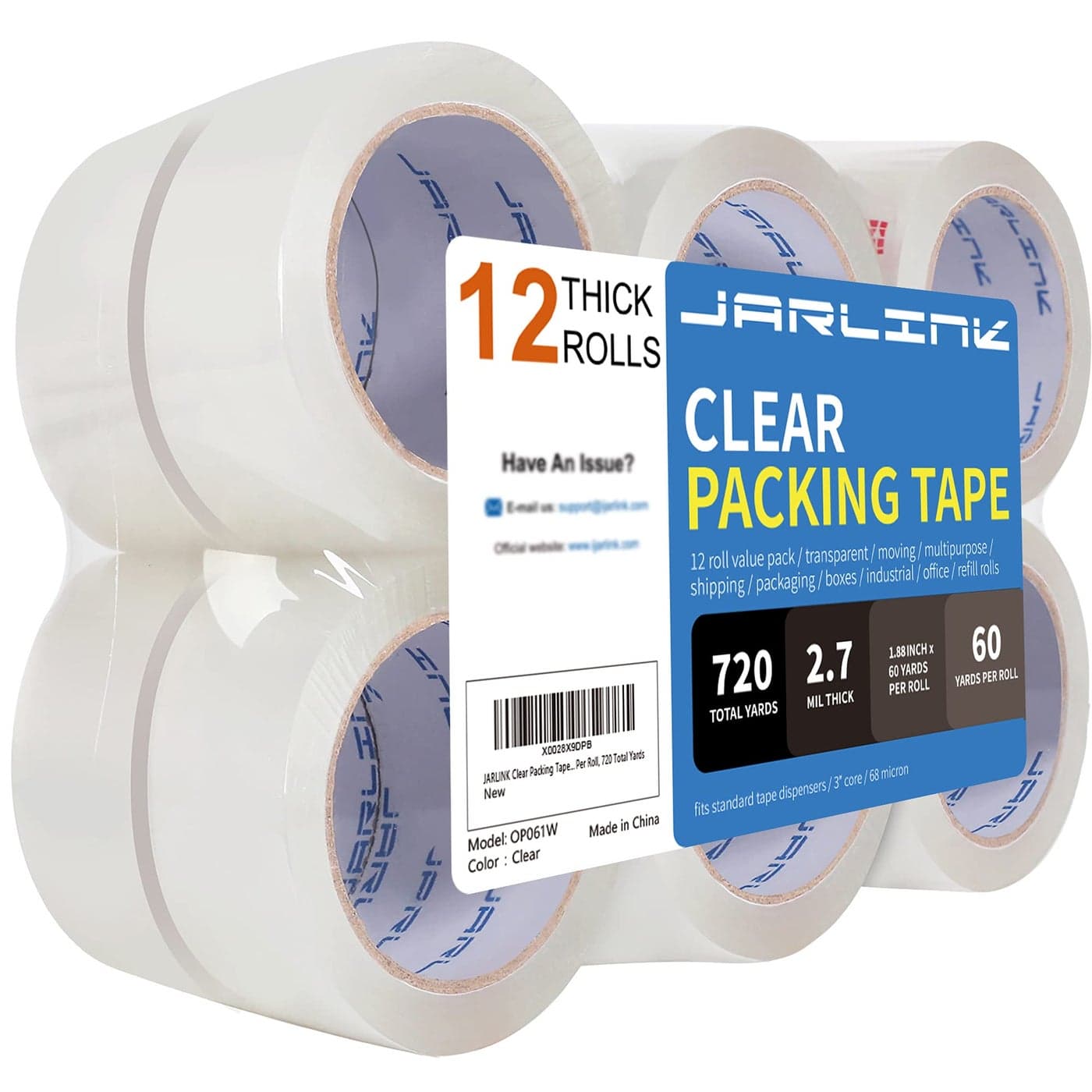 JARLINK Clear Packing Tape 12 Rolls Heavy Duty Packaging Tape for Shipping Packaging Moving Sealing 27mil Thick 188 inches Wide 60 Yards Per Roll 720 Total Yards