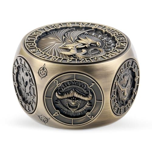 DNDND 8in1 Spinner Dice with Dual D20 Hexagonal Metal DD Monster Themed Dice Set for TTRPG Dungeons and Dragons Dungeon Masters with Collectible Gift Tin Brass