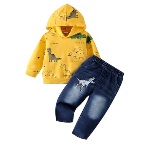 12-18 Month Boy Clothes Toddler Dinosaur Pullover Sweatshirt Baby Hoddie Long Sleeve Infant Casual Pocket Jeans Pants Fall Winter Outfits Set Yellow 12-18 Months