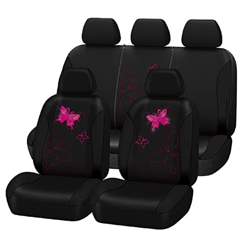 Flying Banner Butterfly car seat Covers ful Set Fashion Universal Lady Woman Female Rear Bench Split Colorized (Black Rose Red, Full Set - Lace)
