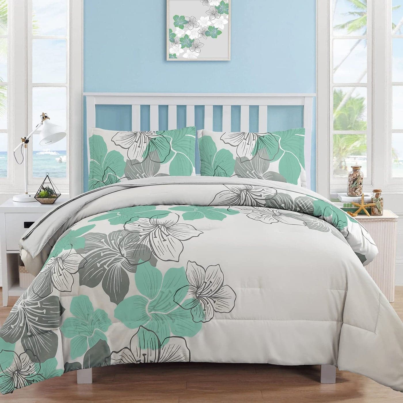 Luxudecor Floral Comforter Set Queen Size Green Floral Pattern Bedding Comforter Soft Microfiber 7 Pieces Bed in a Bag 1 Comforter 2 Pillow Shams 1 Flat Sheet 1 Fitted Sheet 2 Pillowcases