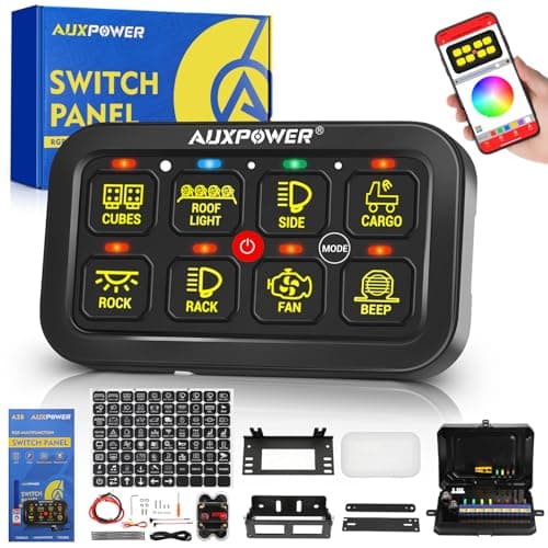 Auxpower RGB 8 Gang Switch Panel with App Control Turn OnOff Momentary Pulsed Multifunction 12V Switch Panel for Truck Circuit Control Relay System Switch Panel Waterproof for Car Boat Truck RV
