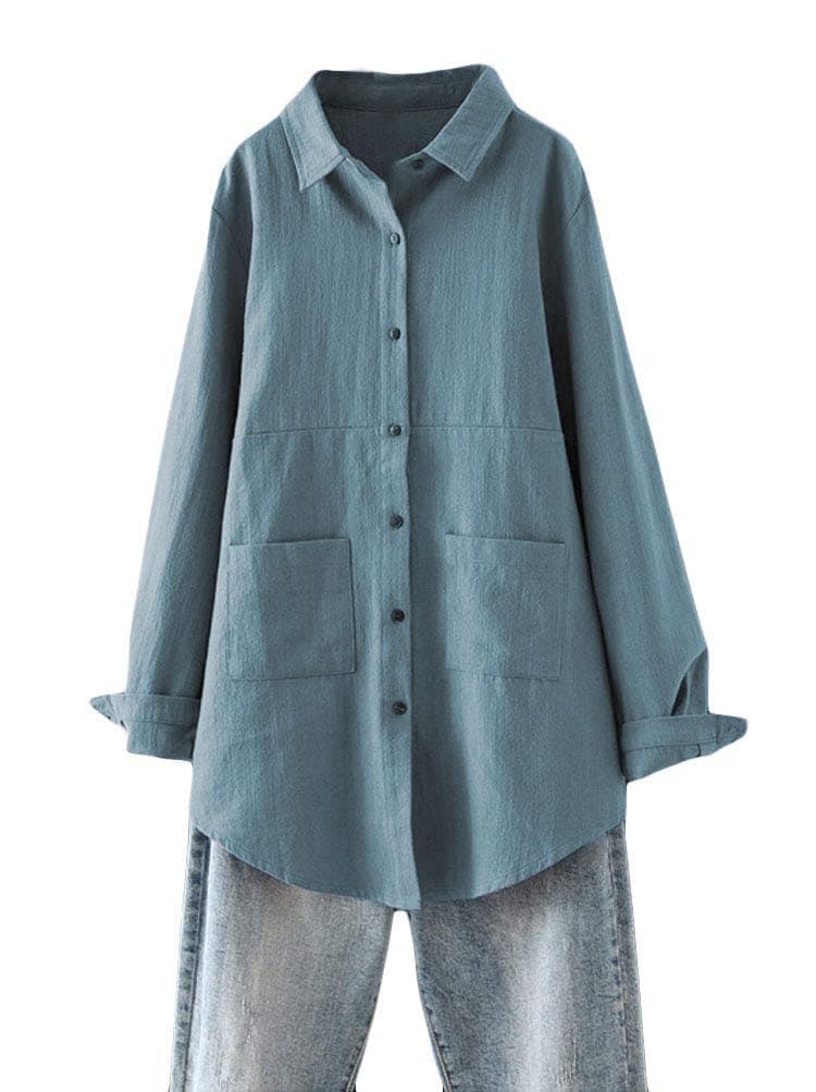 Minibee Womens Linen Shirts Button Down Long Tunic Tops Plus Size Blouse with Pockets Navy M