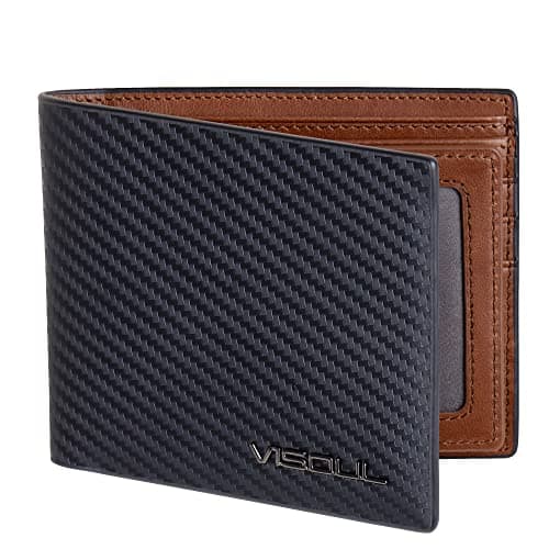 VISOUL Leather Mens Bifold RFID Blocking Wallet with 2 ID Windows, Leather Wallet for Men (Carbon Fiber, Black+Brown)