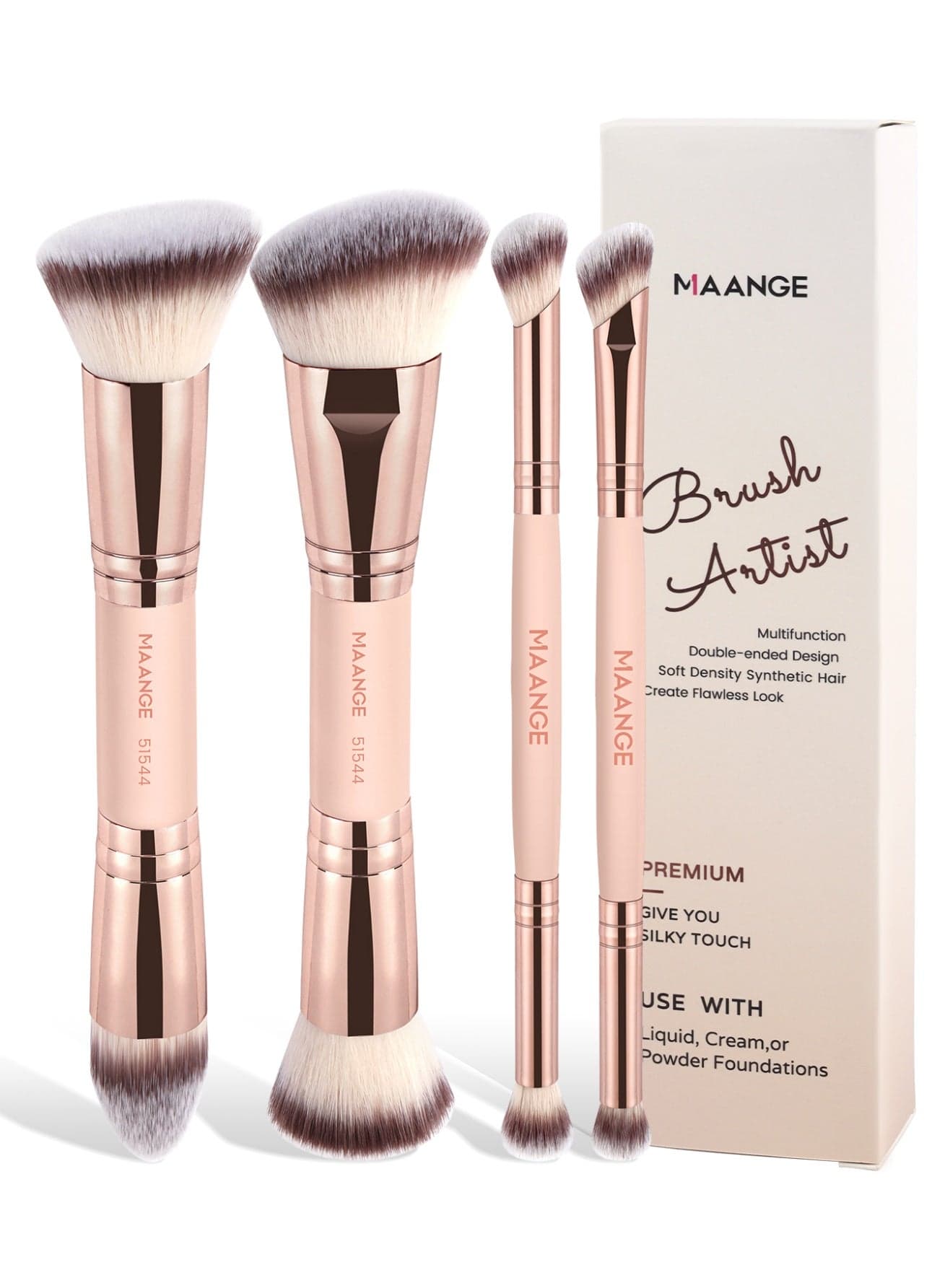 4-Piece Double-Ended Makeup Brush Set – Foundation, Contour, Blush & Eyeshadow Brushes – Travel-Friendly & Gift-Ready,Gold