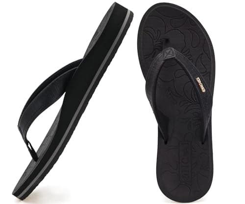 ONCAI Women's Flip Flops Comfortable Summer Beach Thong Sandals for Women 2025 with Cushion Walking Arch Support Yoga Mat Indoor Outdoor Soles Black Size 11