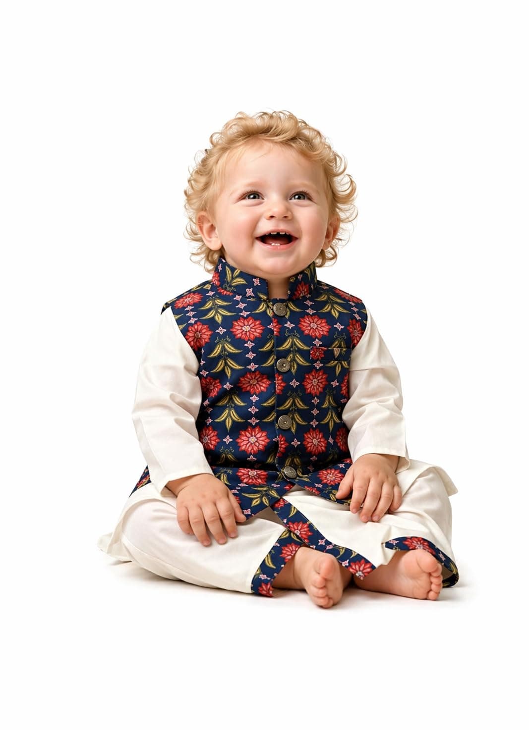 A.T.U.N. (ALL THINGS UBER NICE) Baby Boys 100% Cotton Ethnic Kurta Pyjama Set with Printed Nehru Jacket | Traditional Indian Festive Clothing Set for Infants | Elegant Wedding Celebration Outfit