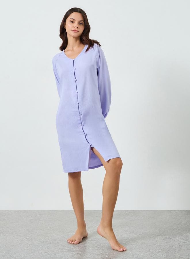 Lilac Supersoft Crinkle V Neck Mock Button Nightdress