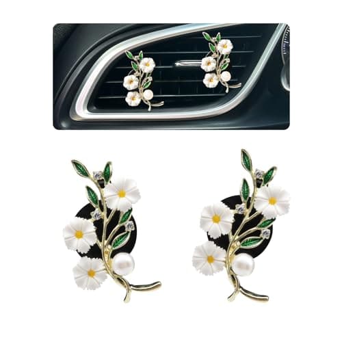 ORIESSE Flowers Car Accessories2pcs White Daisy Green Leaves Air Vent Clips Car Air FreshenerFlower Car Decor for WomenGirly Refillable Diffuser