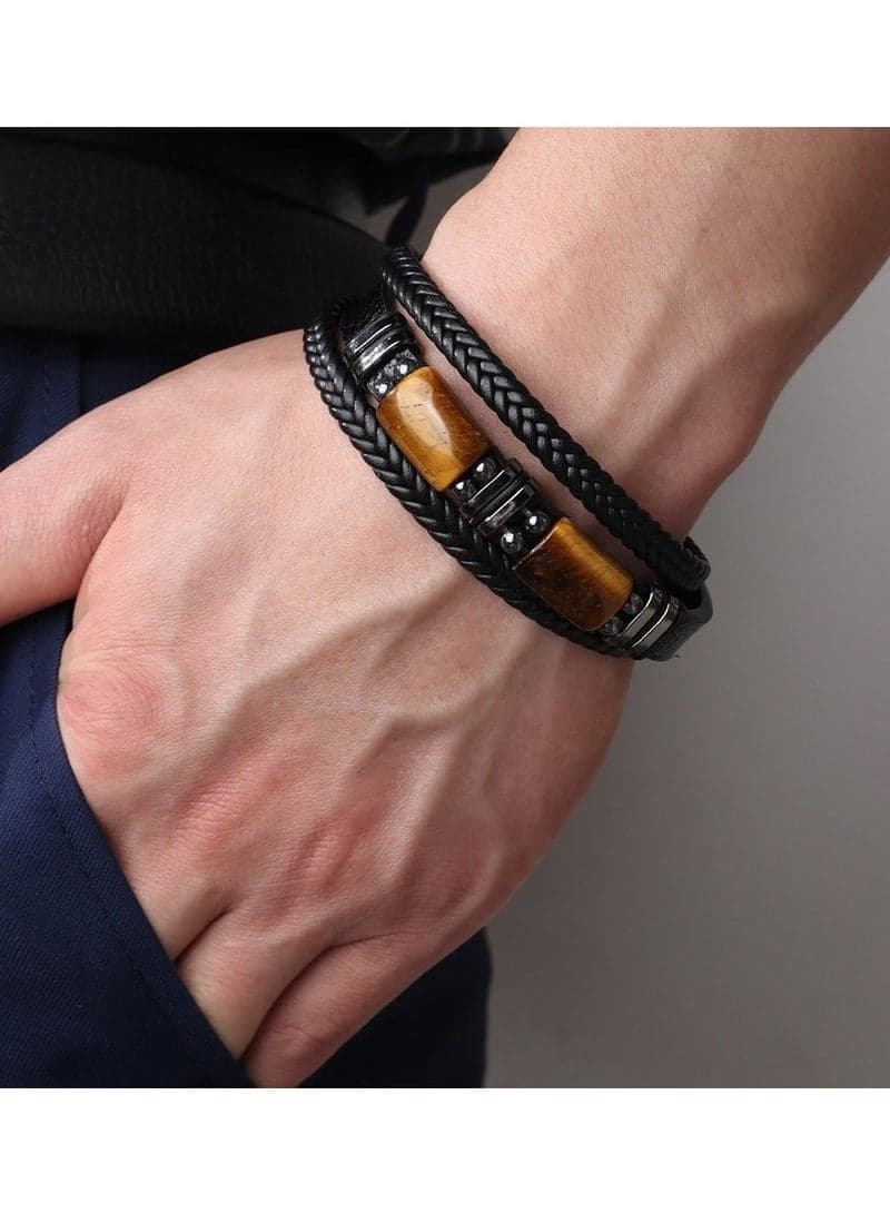 Men's bracelet tiger eye stone multi-layer rope leather bracelet stone bracelet magnet buckle bracelet (length 22.5cm)