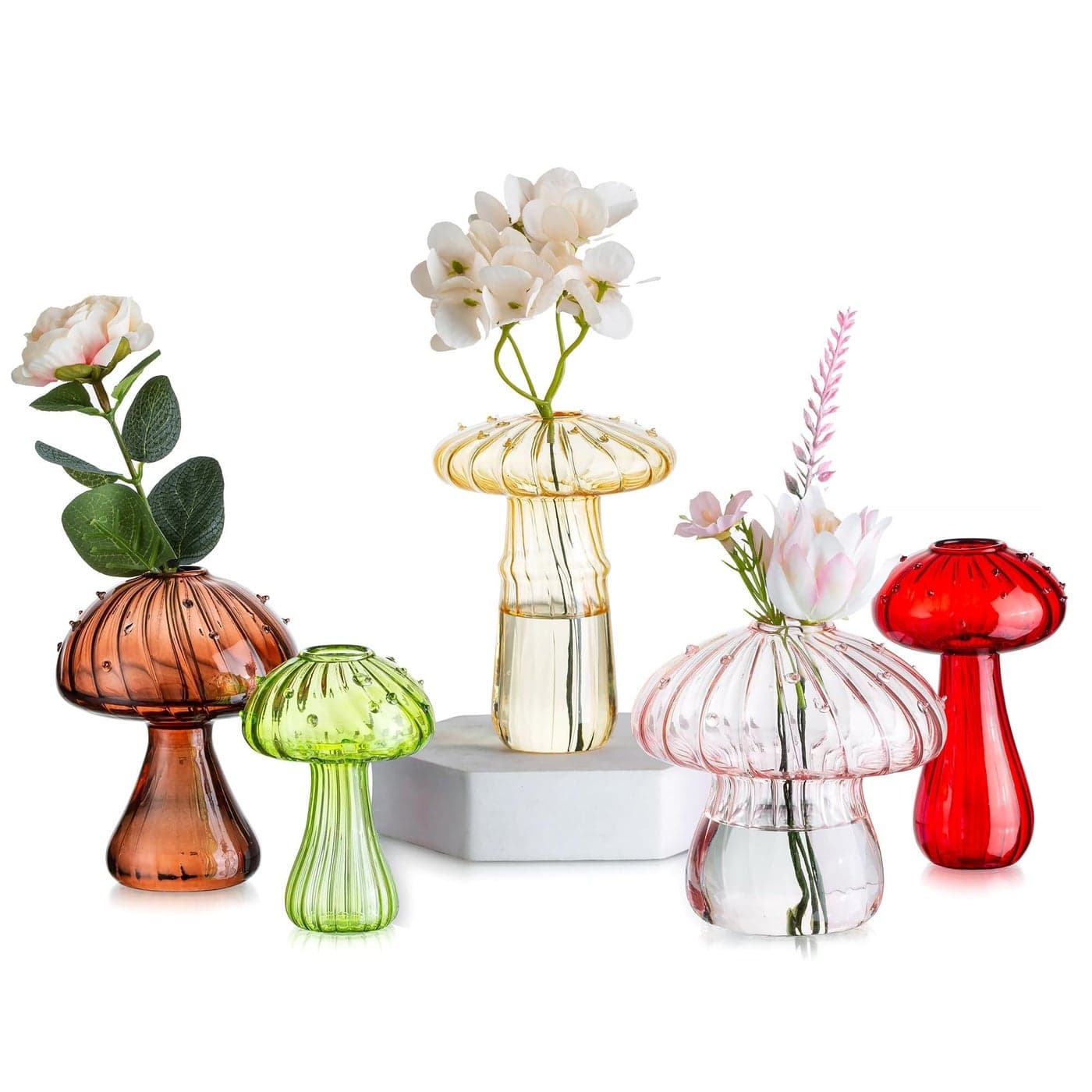 Glasseam Mushroom Flower Vase Small Bud Vases for Flowers Set of 5 Cute Coloured Glass Vase for Table Decoration Plant Terrarium for Dinning Centrepieces Kitchen Decor