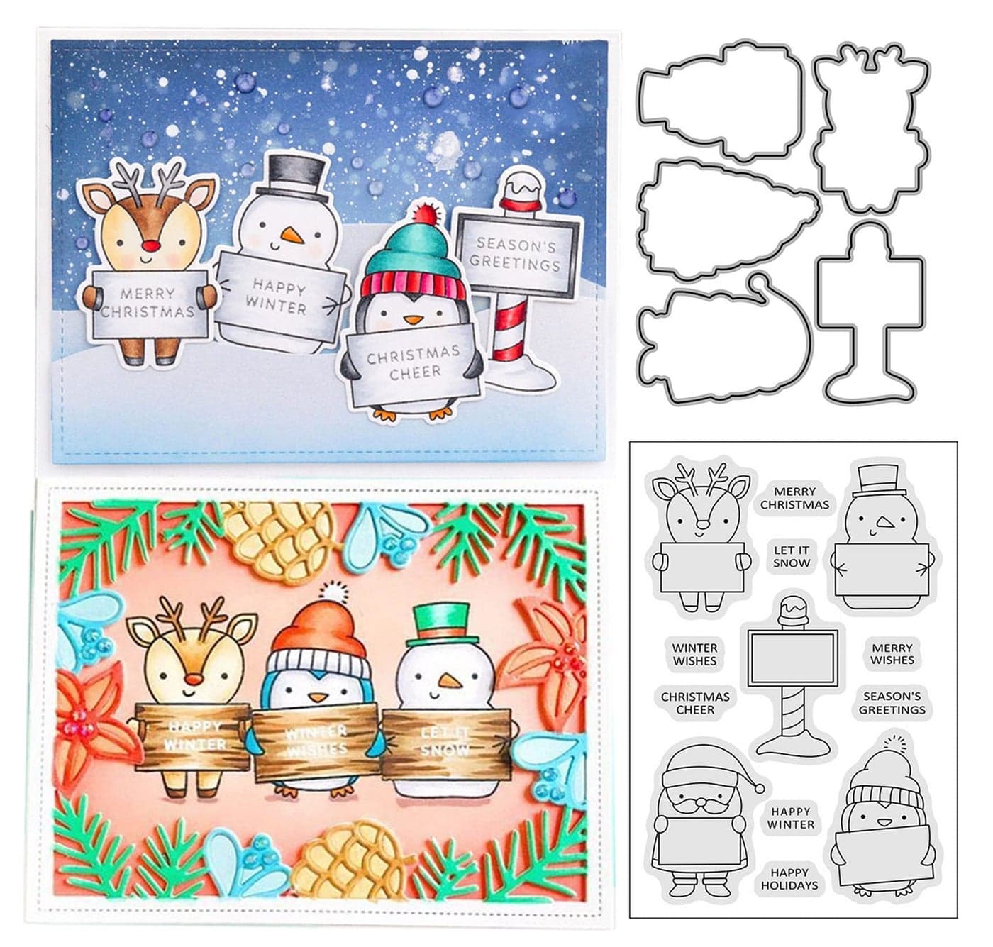 FAWENUCY Scrapbooking DieCuts Clear Stamps Metal Cutting Dies for Card Making Paper Craft Punch Template Winter Background Embossing Stencils DIY Album DcorPenguin Deer Snowman