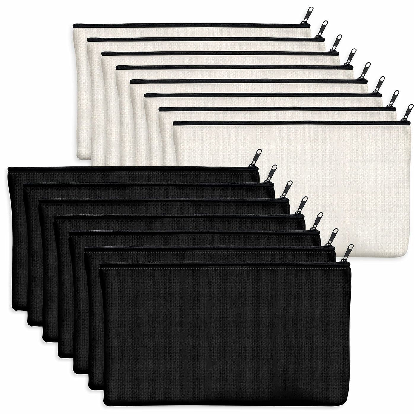 15 Pack Blank Cotton Canvas DIY Craft Zipper Bags Pouches Pencil Case for Makeup Cosmetic Toiletry Stationary Storage Beige Black 83 x 47