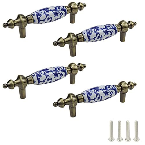 Mcredy 4 Pcs Blue White Porcelain Ceramic Cabinet Pulls Vintage Chinese Style Drawer Handles Pull for Kitchen Dresser Wardrobe
