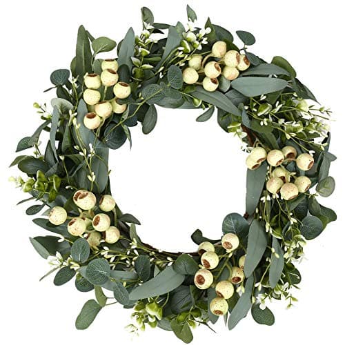 JINGHONG Eucalyptus Wreaths for Front Door 20 Inch Green Home Decor for Wall Porch Window Spring Summer Wreath with Big Berries for All Seasons Winter Christmas