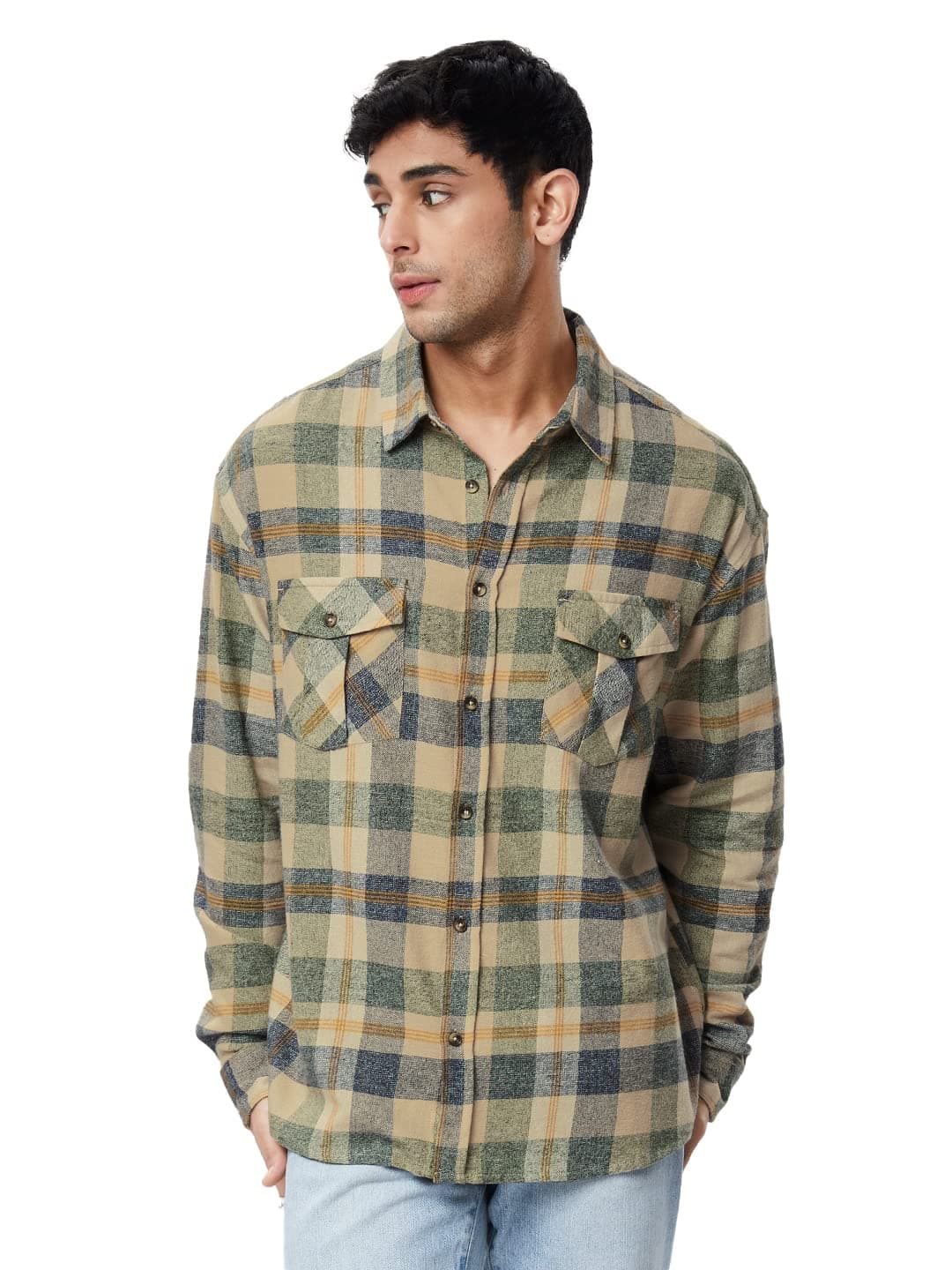 The Souled Store| Checks: Blue, Green, and Yellow Mens and Boys Shirts|Full Sleeve|Loose fit Checks|100% Cotton Multicolored Men Utility Shirts Shirt For Men Casual Half Sleeves Regular Fit Printed St