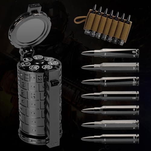 CZYY Rifle Bullet Dice Set Solid Metal 7 Polyhedral Dice Set with Spinning Container Case Cartridge Holder Belt Perfect Role Playing Dice Set for DND Tabletop Games Black