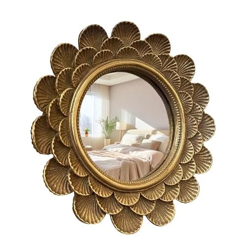 Musanpou Vintage Vanity Makeup Desk Mirror,Antique Traditional Roundness Table Mirror Vintage Gold, for Dressing Table,Bedroom, Bathroom,Tabletop,Antique, 6.7" x 6.7"