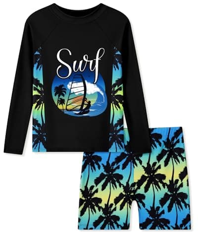 Ghteas Boys Rash Guard Swim Set Kids Two Piece Swimsuits Long Sleeve Swimwear Sets Coconut Tree Printed Swim Trunks Quick Dry Sun Protection Boys Bathing Suit Size 10