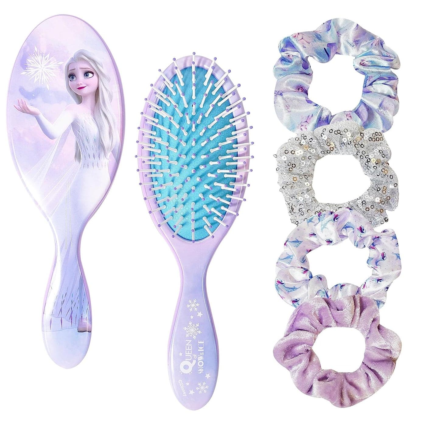 Frozen Princess Elsa Hair Accessory 5 Pcs Set 1 Regular 9 inch Frozen Hairbrush 4 Frozen Scrunchies Detangling Brush Elastic Hair Ties Ropes for Girls Ages 3
