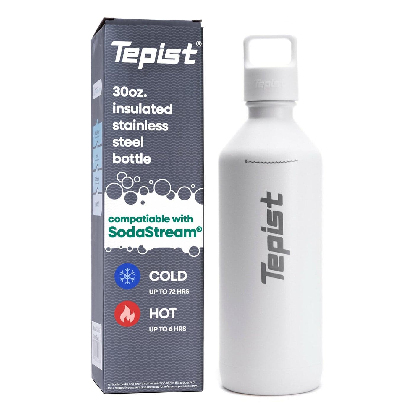 Tepist ThirtyO 30oz Stainless Steel Bottle Compatible with Sodastream Machines Powder Coated White Vacuum Sealed Double Walled LeakProof Easy to Carry Reusable Bottle