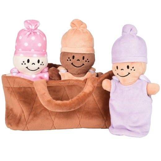 Creative Minds Basket of Babies with 3 Super Soft 9 Plush Doll Toys for Babies and Kids Plush Multicultural Sensory Babies Toy Set with Basket Orange Purple Pink