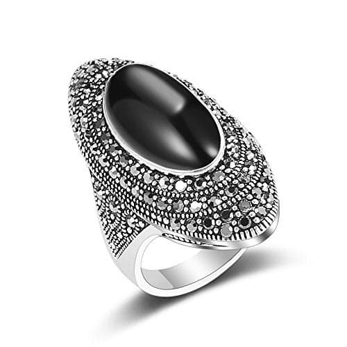 Mytys Retro Vintage Cocktail Statement Ring Black Marcasite & Crystal Rings for Women Antique Silver Big Black Onyx Stone Ring (Silver 3, 7)