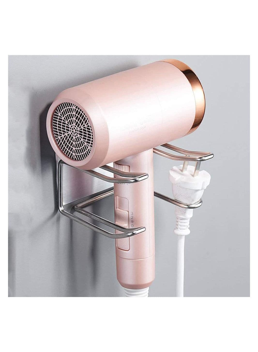 1 Hair Dryer Holder Wall Mount No Drilling Stainless Steel Styling Tool Storage Box Self Adhesive Fits Most Dryers Silver
