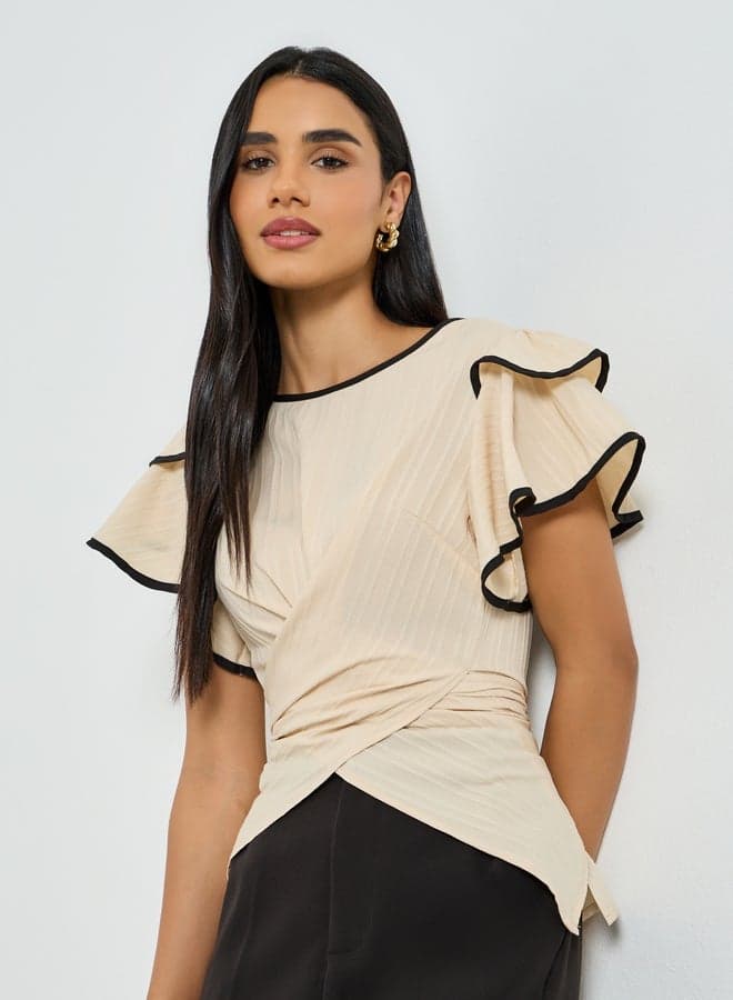 Beige Wrap Top with Ruffle Sleeves