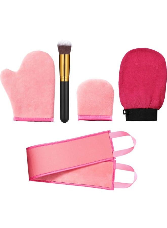 5 Pieces Self Tanning Mitt Applicator Kit, Includes Tanning Mitt, Exfoliating Glove, Mini Face Glove, Back Lotion Applicator, and Large Brush Makeup(Pink)