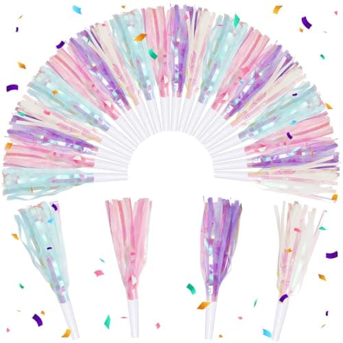 GDZRDFLH 24 pcs Party Blowers Noise Makers Glitter Metallic Fringed Party Horns for Birthday Blow Horns Graduation Sporting Party Favors Supplies