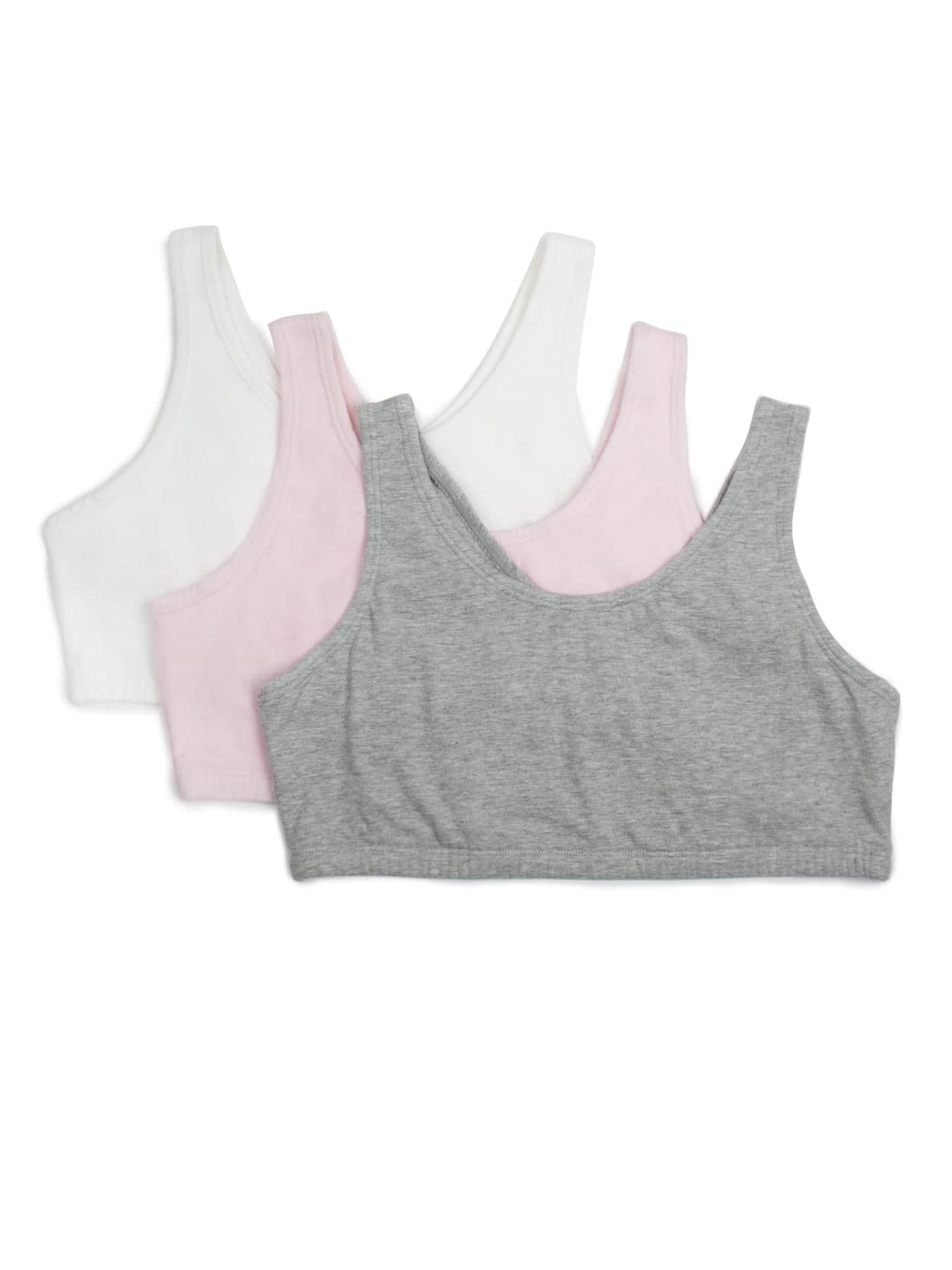 Fruit of the Loom Girls' 3 Pack Cotton Built-Up Stretch Sports Bra in Everyday Colors, Heather Grey/Bittersweet Pink/White, 32