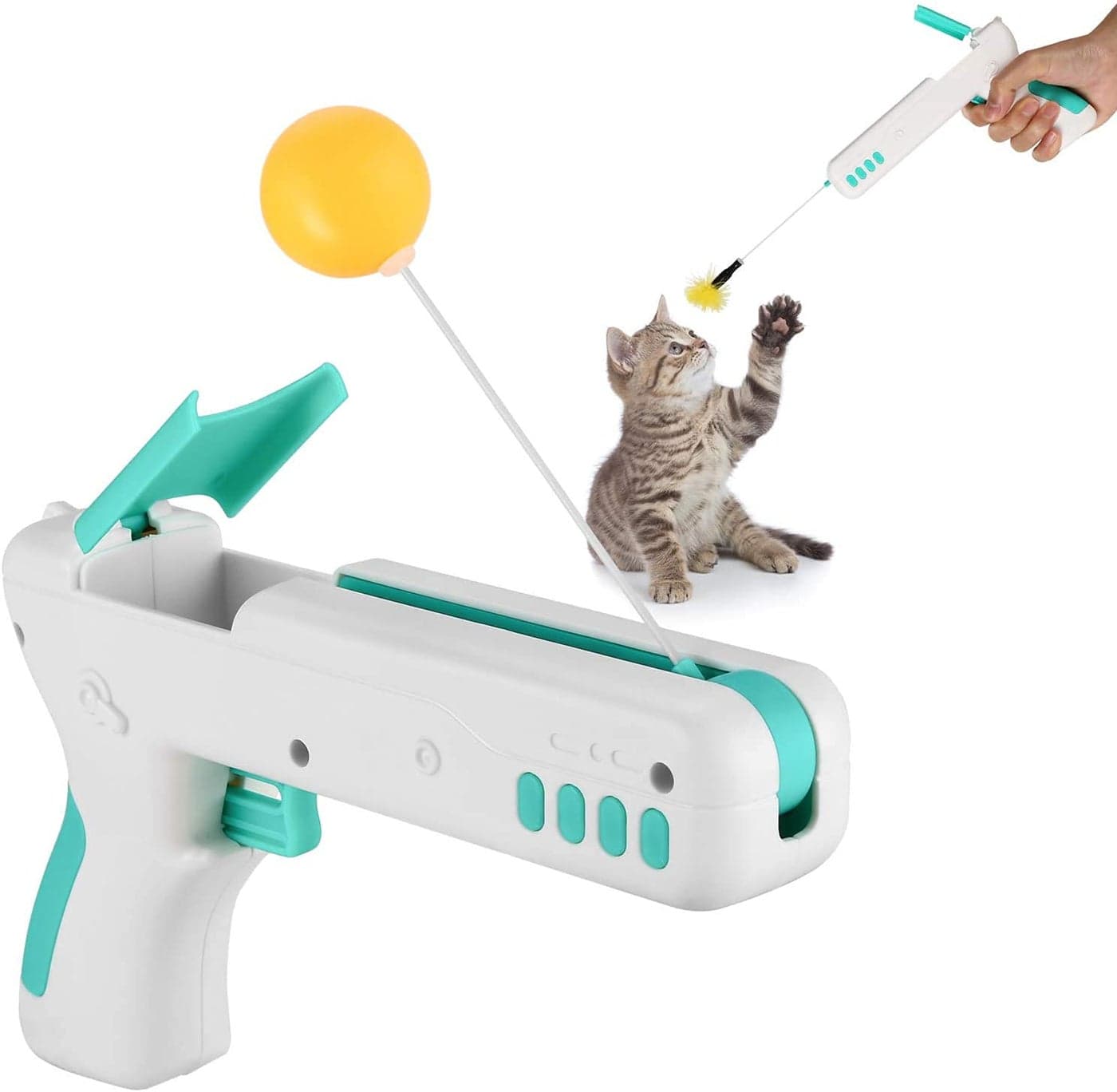 Pets Empire Cat Toy Gun, Interactive Cat Toy Gun Shape Toy with Ball & Feather, Indoor Exercise Funny Cat Stick Toy 1 Piece (Color May Vary)