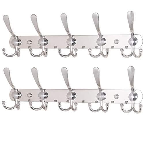 Dseap Wall Mounted Coat Rack - 5 Tri Hooks, Heavy Duty, Stainless Steel, Metal Coat Hook Rail for Coat Hat Towel Purse Robes Mudroom Bathroom Entryway (Chromed, 2 Packs)