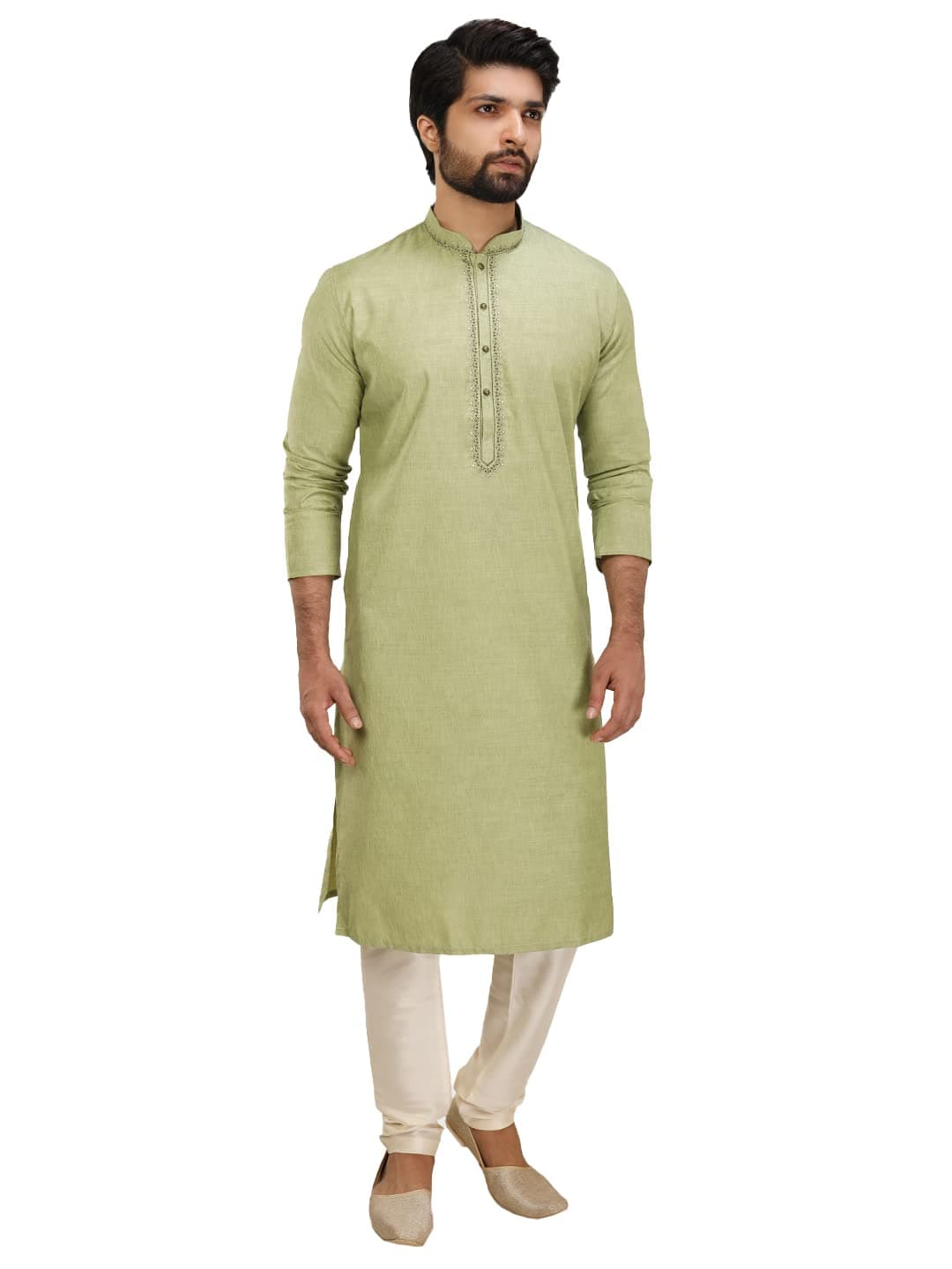 Manyavar Elegant SelfDesign Full Sleeves Kurta and Churidar Set for Men - (Green, Medium)