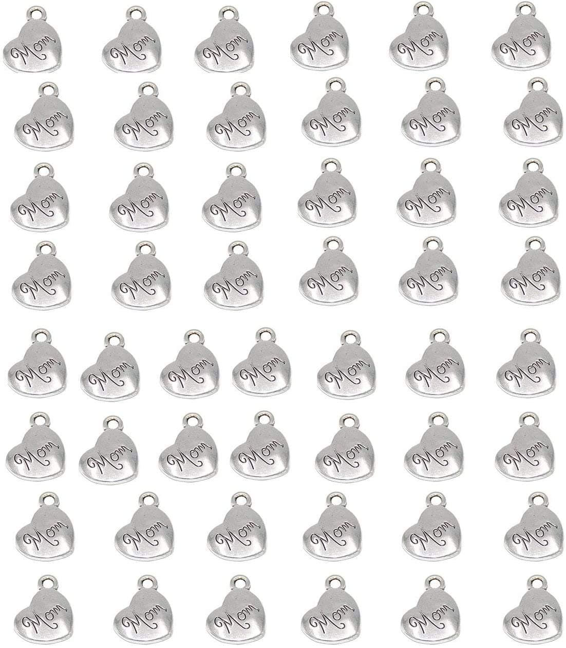 YYaaloa Mini Love Heart "Mom" Pack of 40 DIY Charms Pendant for Crafting, Jewelry Making Accessory (mom 40pcs Silver)