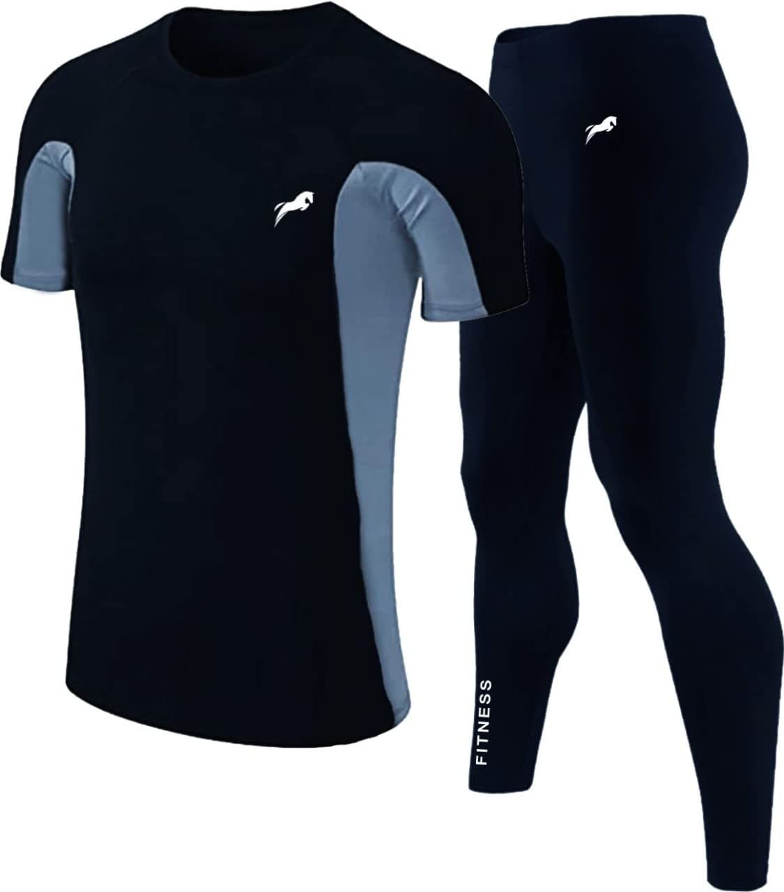JUST RIDER Men's Polyester Sports Running Set Compression Half Sleeve T-Shirt,Pants Skin-Tight Long Sleeves Quick Dry Fitness Sportswear Tracksuit Gym Yoga Suits(Set Of 2)( Tracksuit,Xl),Black,Solid