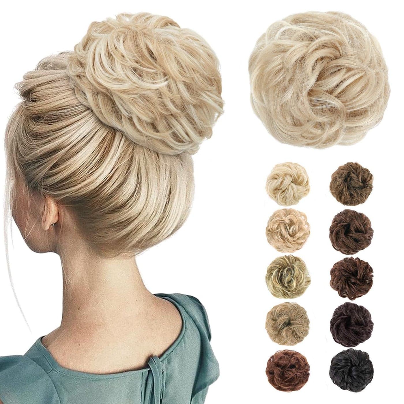 MORICA Messy Bun Hair Piece for Women Elastic Wavy Curly Fake Bun Hair Extension Chignon Ponytail Hairpieces for Women Ash Blonde Bleach Blonde