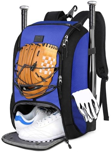 MATEIN Baseball Bat Bag, Lightweight Softball Bag with Shoes Compartment for Men Women, Baseball Catchers Bags Gifts for Adults with Fence Hook Fits 2 Bats, Batting Mitten, Helmet, Tball Gear, Blue