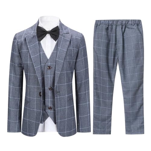 SWOTGdoby Boys Suits 3 Pieces Formal Suit Set Plaid Blazer Vest Pants Slim Fit Suit Jacket for Wedding Party Gray
