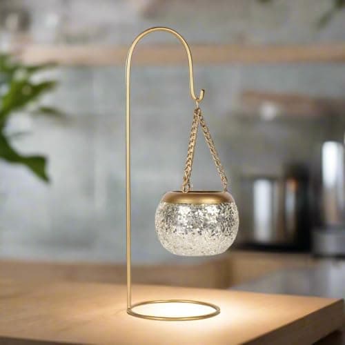 Kraftyhome Glass Mosaic Hanging Candle Holder with Gold Chain and Stand, 35 cm