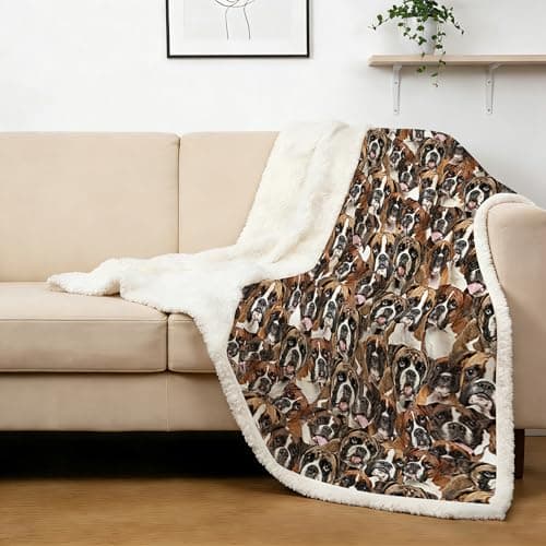 BlessLiving Boxer Blankets Super Soft Fuzzy Dogs Blanket for Kids Adults Cute Puppy Fleece Blanket Reversible Animal Brown Sherpa Throw Thick Lightweight Cozy Plush Blankets (White Boxer,Twin,60"x80")