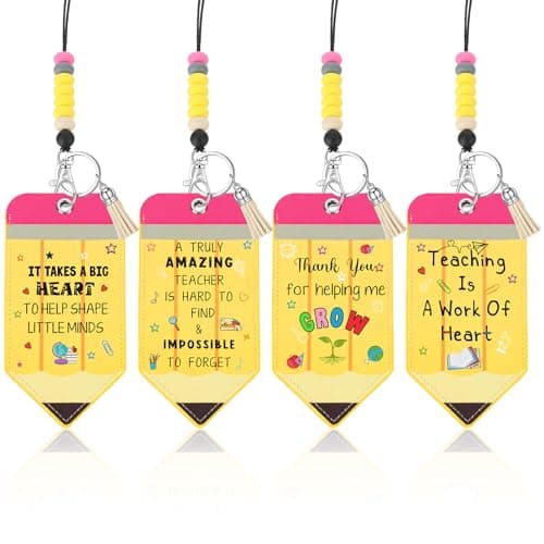Geyoga 4 Pcs Teacher Appreciation Gifts Teacher Lanyards for ID Badges and Keys Bulk Retractable ID Badge Holder with Wood Bead Decor for School Office Graduation Teachers Appreciation Gifts(Pencil)