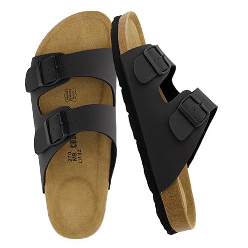 CUSHIONAIRE Lane Cork Footbed Mens Sandals, Adjustable Buckle Comfort Slides for Men, Genuine Leather Insole Summer Sandals Men Footwear, BLACK 12