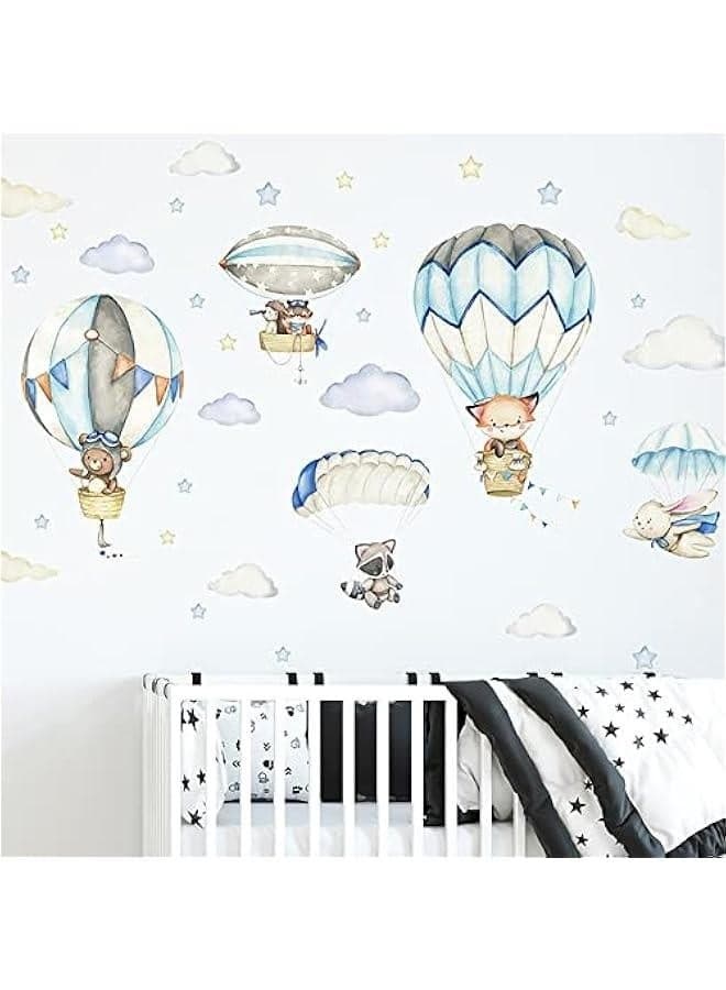 Cartoon Animal Wall Decals Panda Foxes on Hot Air Balloon Wall Stickers for Kids Room Baby Nursery Room Kindergarten Girls Boys Bedroom Stickers Decoration Vinyl Murals Wallpaper