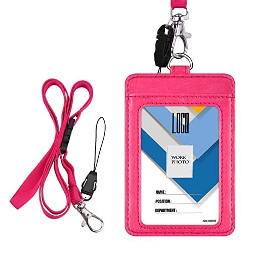 Badge Holder, Wisdompro 2-Sided PU Leather ID Badge Card Holder Wallet Case with 1 Clear ID Window and 1 Credit Card Slot and 22 Inch Quick Rlease Detachable Neck Lanyard Strap - Hot Pink (Vertical)