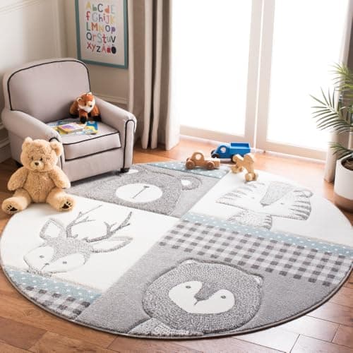 SAFAVIEH Carousel Kids Collection Area Rug 53 Round Grey Ivory Animal Design NonShedding Easy Care Ideal for High Traffic Areas for Boys Girls in Playroom Nursery Bedroom CRK188B